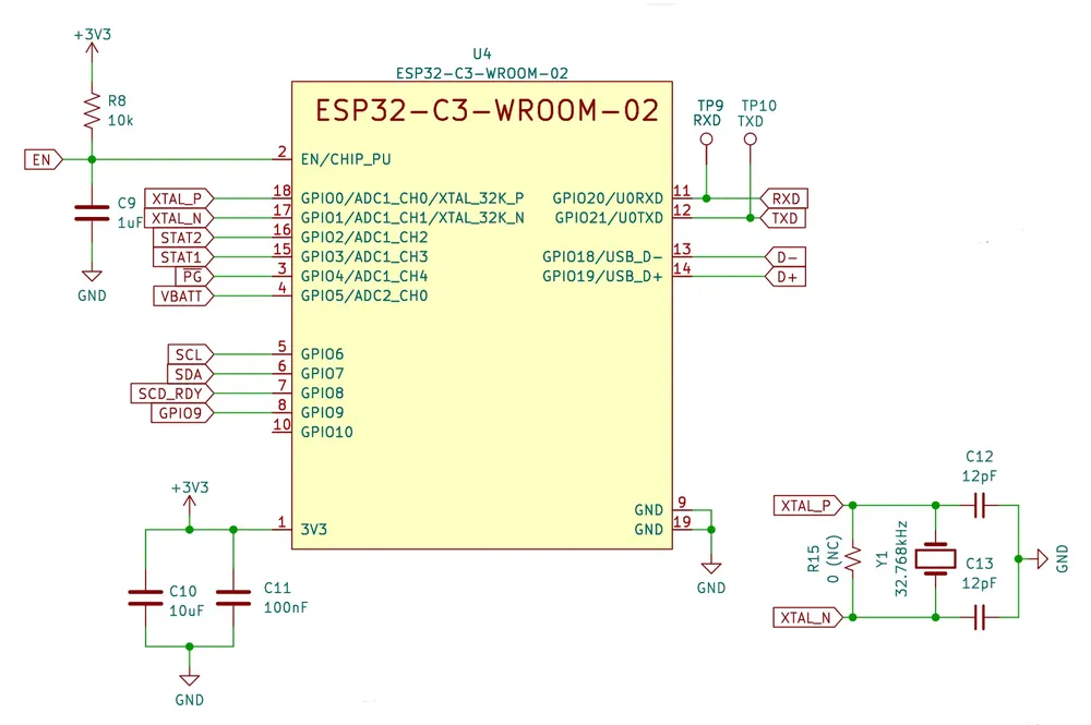 ESP32-C3-WROOM-02-H4 module with crystal, decoupling capacitors and reset circuit.